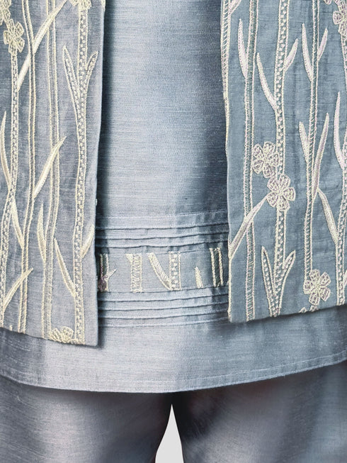 Boy's' Aqua Jacket, Kurta And Pyjama Set.