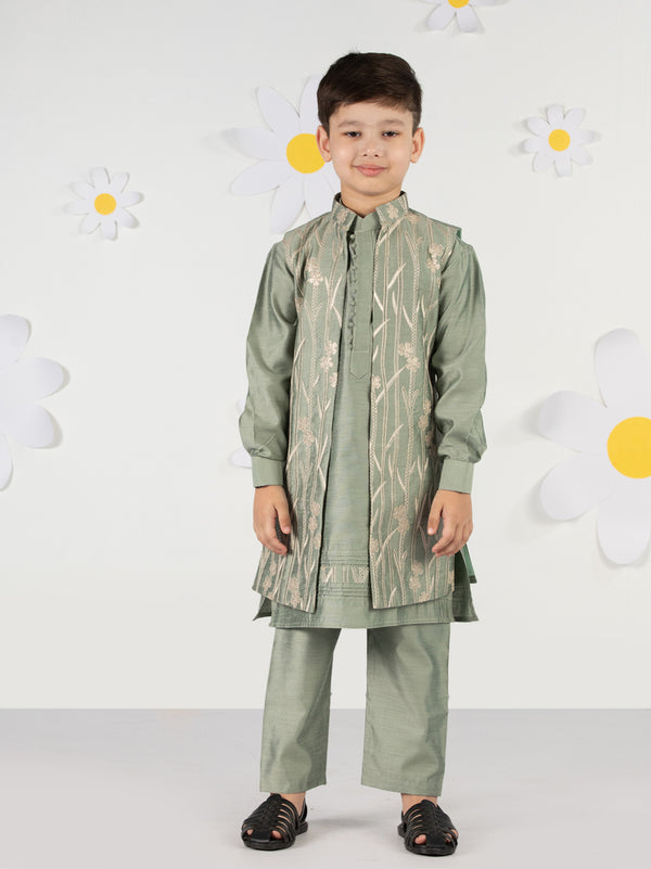 Boy's Mint Green Silk Nehru Jacket Set With Pant