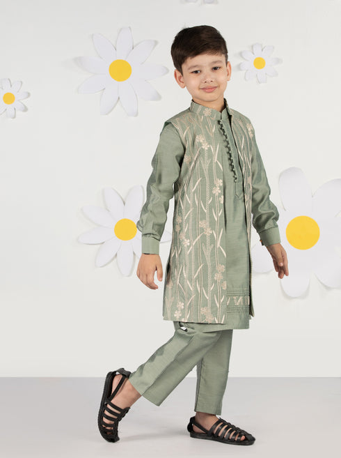 Boy's Mint Green Silk Nehru Jacket Set With Pant