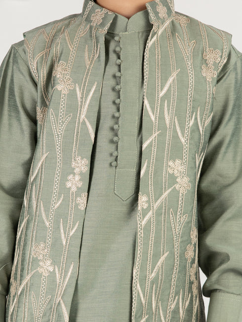 Boy's Mint Green Silk Nehru Jacket Set With Pant