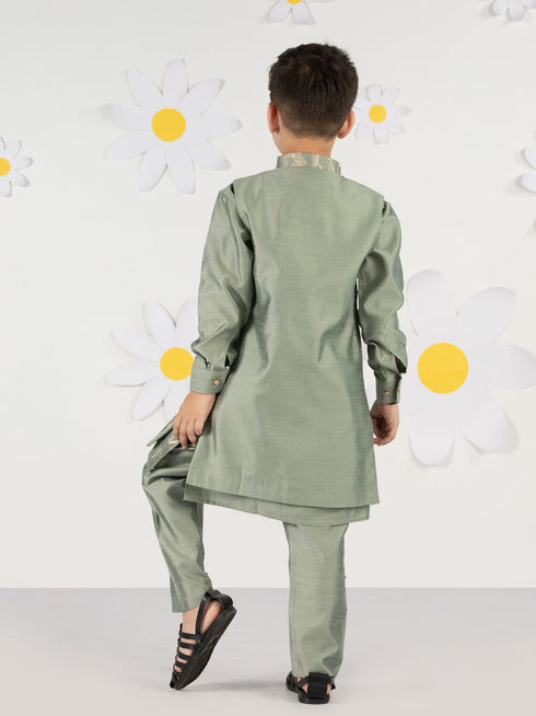 Boy's Mint Green Silk Nehru Jacket Set With Pant