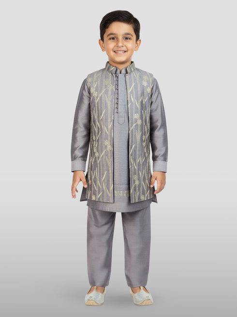 Boy's' Purple Jacket,Kurta And Pyjama Set.