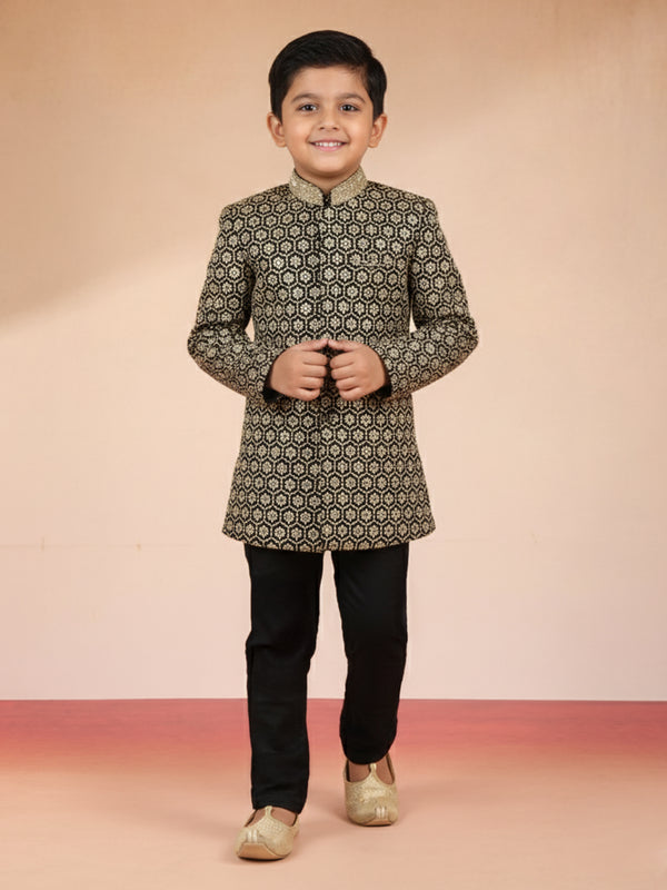 Boy's Black Chikankari Embroidered Rayon Sherwani Set