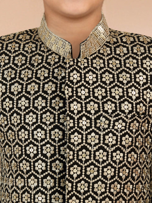 Boy's Black Chikankari Embroidered Rayon Sherwani Set