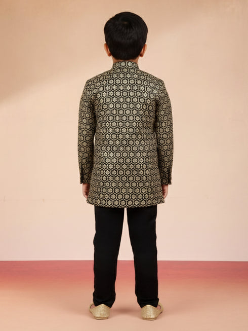 Boy's Black Chikankari Embroidered Rayon Sherwani Set
