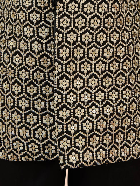 Boy's Black Chikankari Embroidered Rayon Sherwani Set