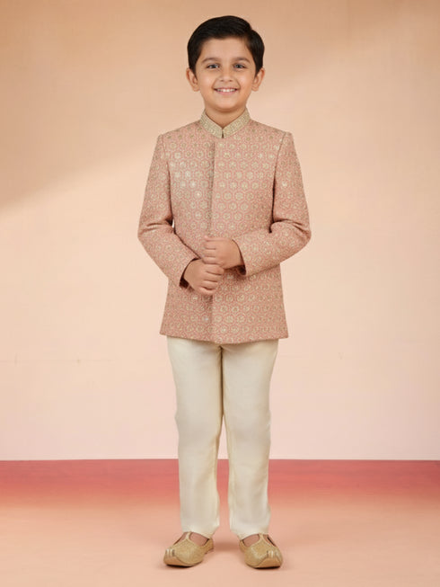 Boy's Peach Rayon Sherwani Set