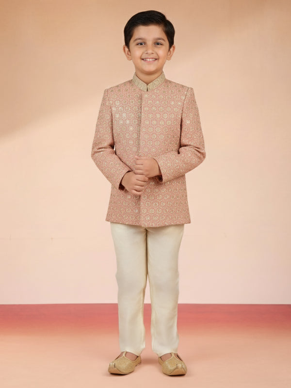 Boy's Peach Rayon Sherwani Set