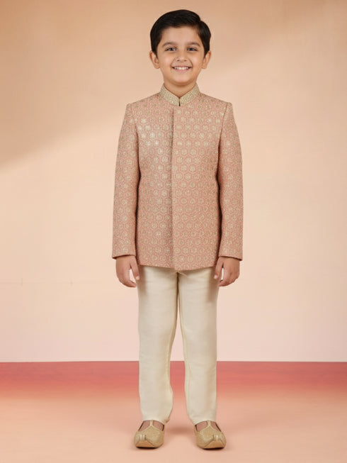 Boy's Peach Rayon Sherwani Set