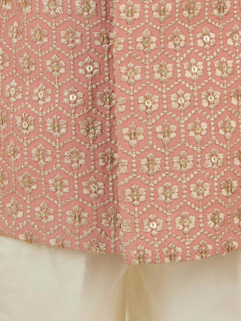 Boy's Peach Rayon Sherwani Set