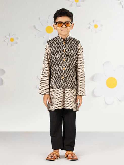 Boy's Black Jacket, Kurta And Pyjama Set
