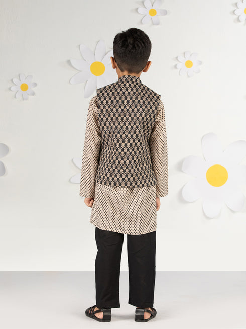 Boy's Black Jacket, Kurta And Pyjama Set