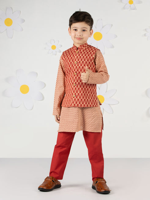 Boy's' Rust Jacket, Kurta And Pyjama Set