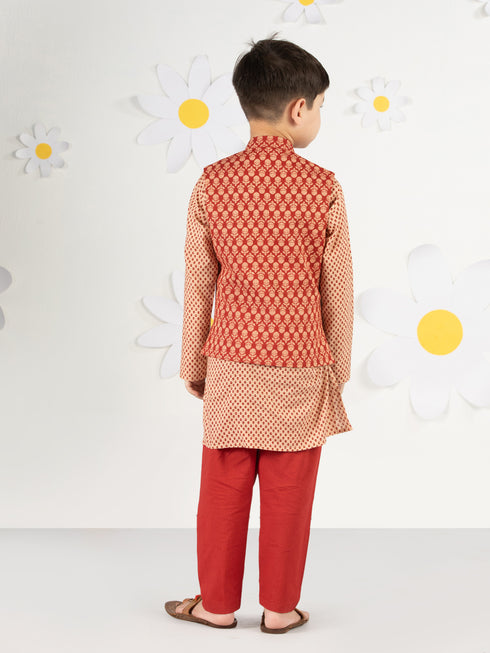 Boy's' Rust Jacket, Kurta And Pyjama Set