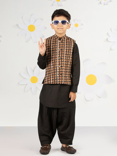 Boy's Black Cotton Nehru Jacket Set