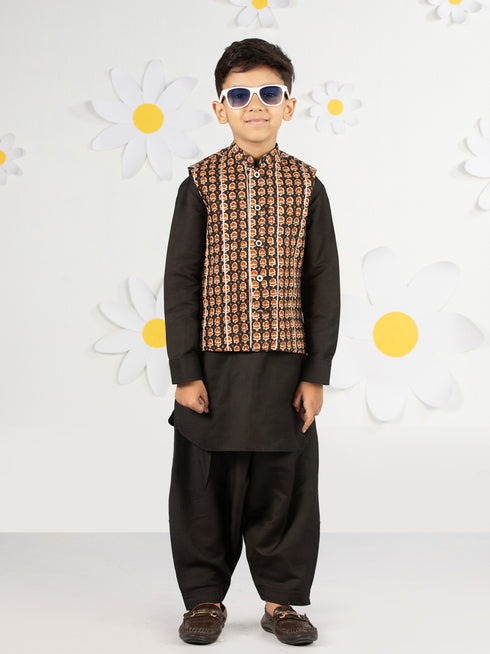 Boy's Black Cotton Nehru Jacket Set