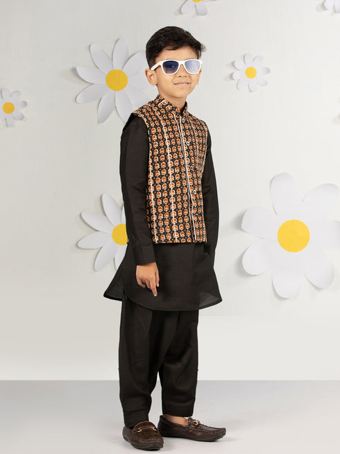 Boy's Black Cotton Nehru Jacket Set