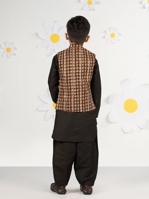 Boy's Black Cotton Nehru Jacket Set