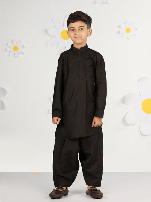 Boy's Black Cotton Nehru Jacket Set