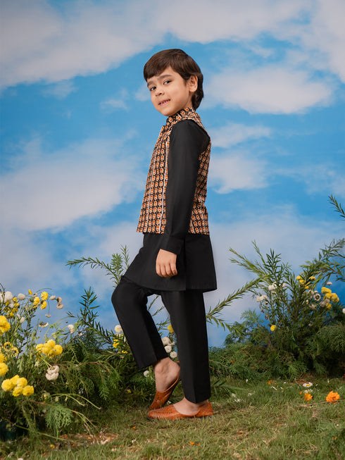 Boy's Black Jacket, Kurta And Pyjama Set