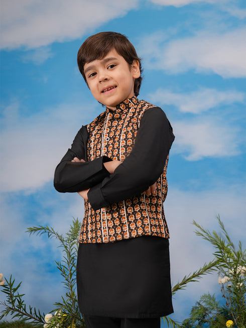 Boy's Black Jacket, Kurta And Pyjama Set
