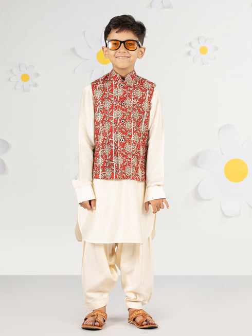 Boy's Red Cotton Nehru Jacket Kurta Set