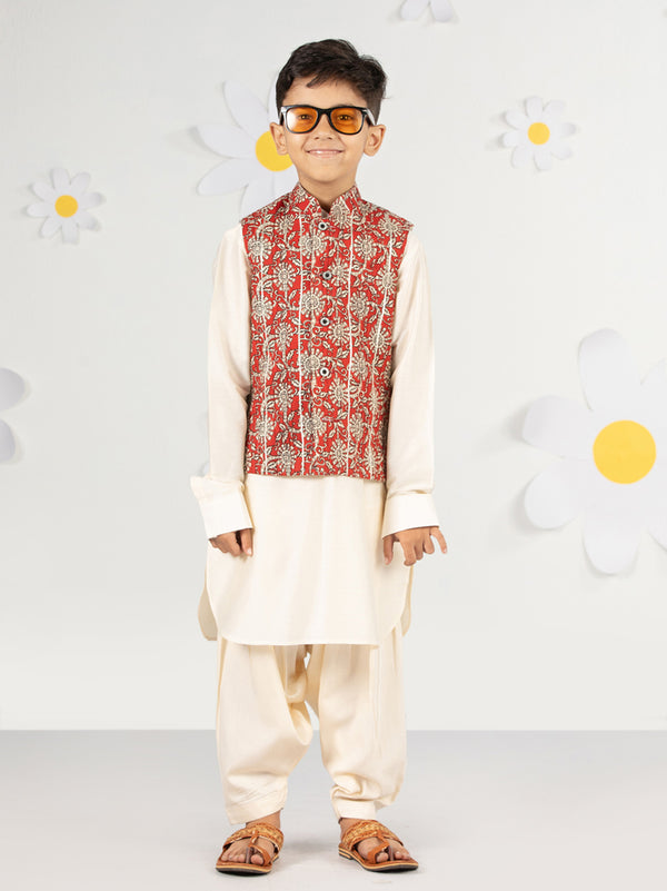 Boy's Red Cotton Nehru Jacket Kurta Set
