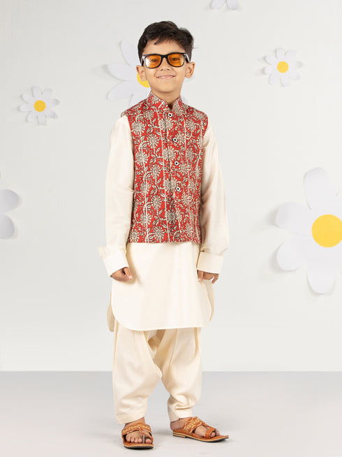 Boy's Red Cotton Nehru Jacket Kurta Set