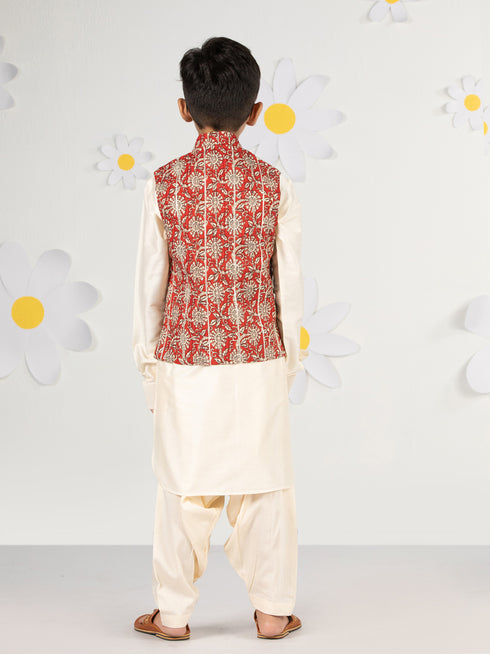 Boy's Red Cotton Nehru Jacket Kurta Set