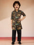 Boys Black Cotton Floral Print Kurta Pyjama Set