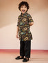 Boys Black Cotton Floral Print Kurta Pyjama Set