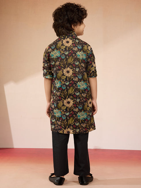 Boys Black Cotton Floral Print Kurta Pyjama Set