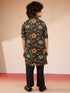 Boys Black Cotton Floral Print Kurta Pyjama Set