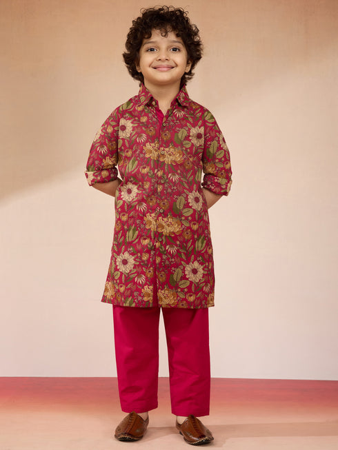 Boys Falsa Cotton Floral Print Kurta with Pyjama Set