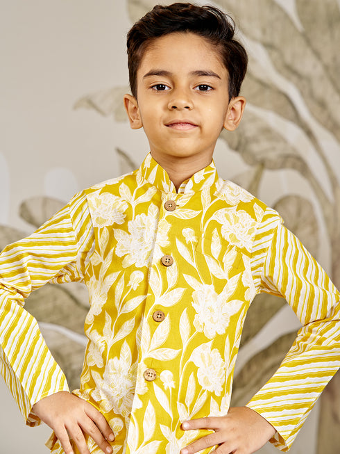 Boy's Yellow Cotton Nehru Jacket Set