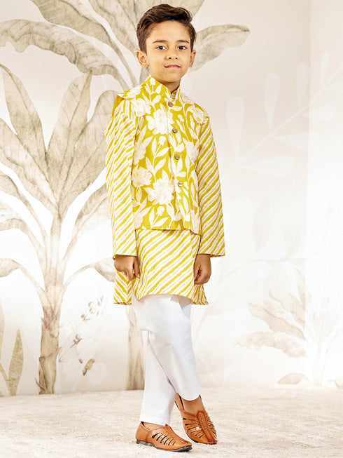 Boy's Yellow Cotton Nehru Jacket Set