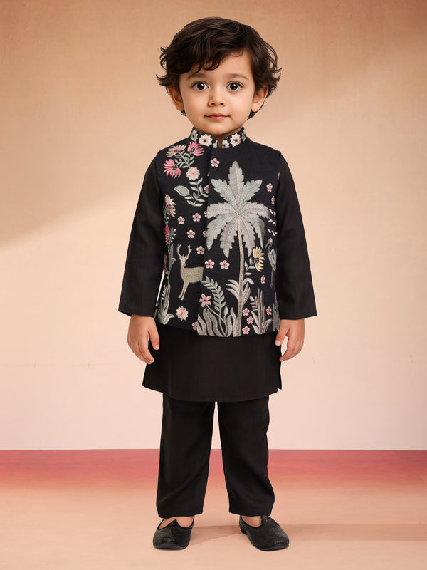 Boys Black Silk Blend Embroidered Nehru Jacket Set