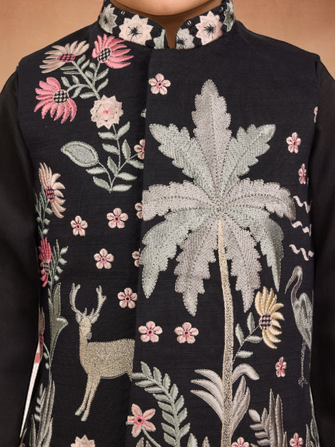 Boys Black Silk Blend Embroidered Nehru Jacket Set