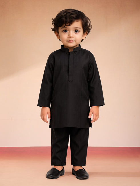 Boys Black Silk Blend Embroidered Nehru Jacket Set