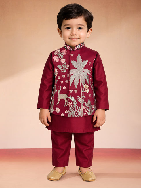 Boys Maroon Silk Blend Embroidered Nehru Jacket Set