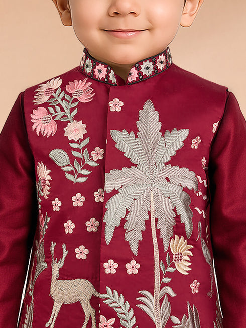 Boys Maroon Silk Blend Embroidered Nehru Jacket Set