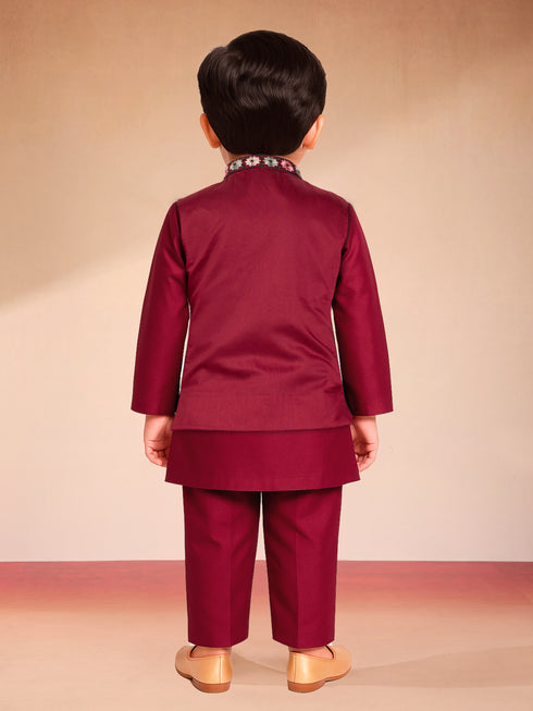Boys Maroon Silk Blend Embroidered Nehru Jacket Set