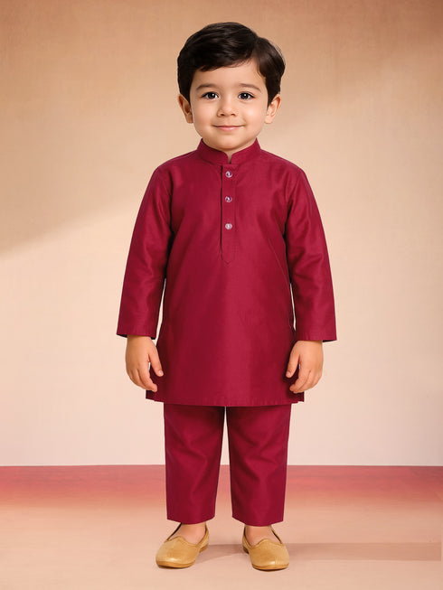 Boys Maroon Silk Blend Embroidered Nehru Jacket Set