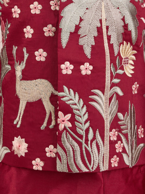 Boys Maroon Silk Blend Embroidered Nehru Jacket Set