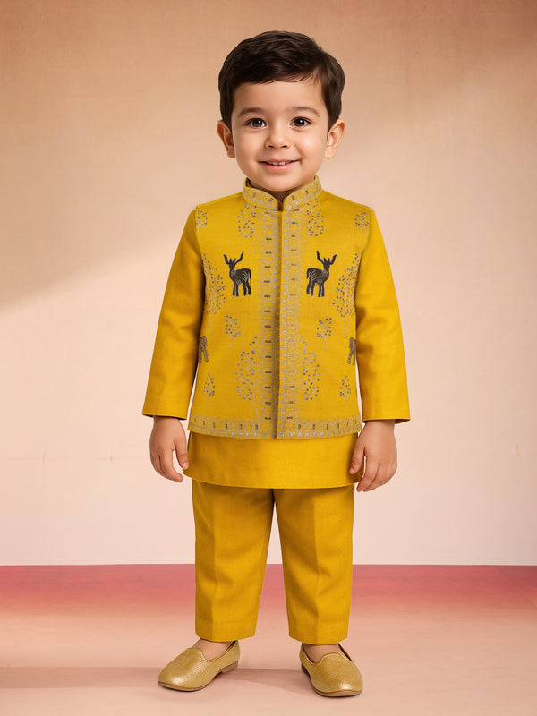 Boys Mustard Silk Blend Embroidered Nehru Jacket Set with Stone Work