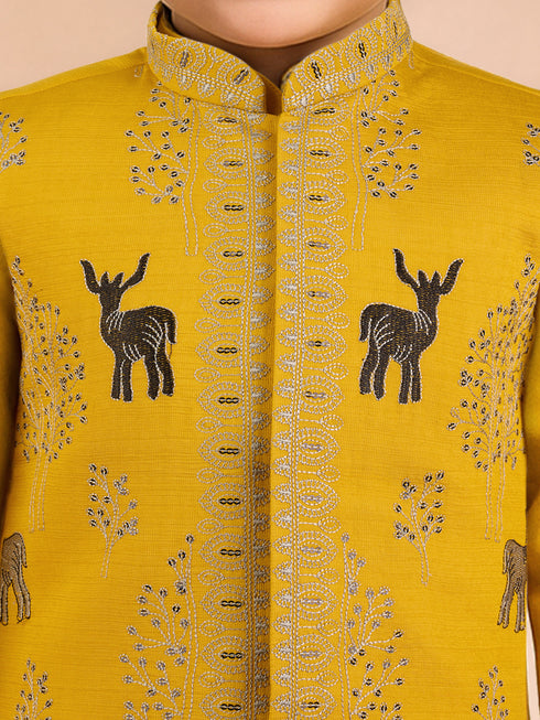 Boys Mustard Silk Blend Embroidered Nehru Jacket Set with Stone Work