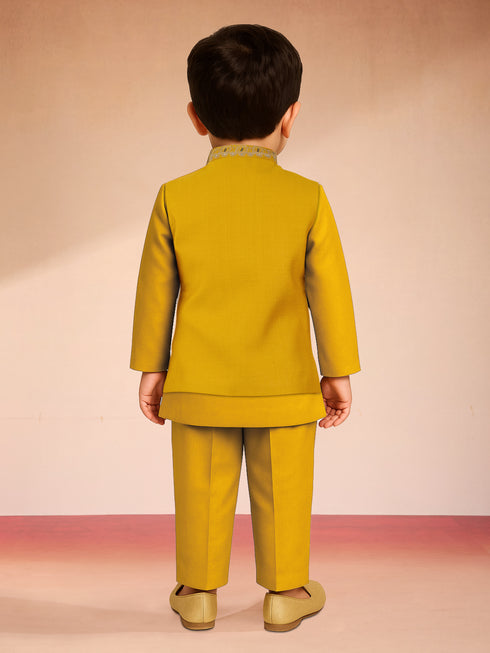 Boys Mustard Silk Blend Embroidered Nehru Jacket Set with Stone Work