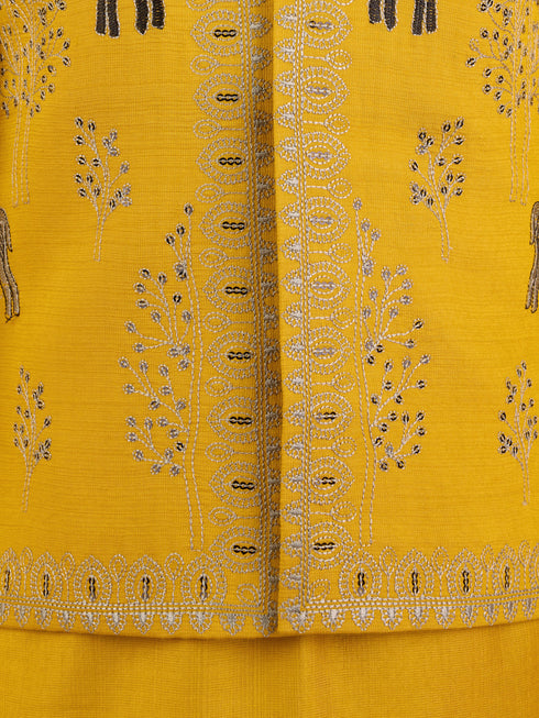 Boys Mustard Silk Blend Embroidered Nehru Jacket Set with Stone Work