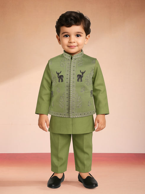 Boys Pista Green Silk Blend Embroidered Nehru Jacket Set