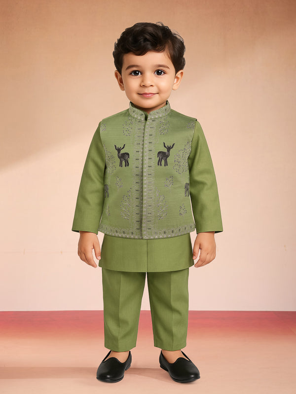 Boys Pista Green Silk Blend Embroidered Nehru Jacket Set